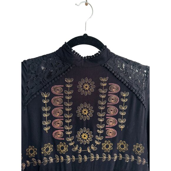 2/$30 NWT Boho Black Dress L With Embroidered Floral Details & Lace Trim - Picture 5 of 15